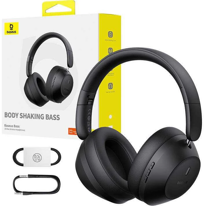 Baseus Bass 30 Max juodos ausinės su aksesuarais
