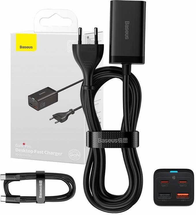 Baseus Sieninis įkroviklis GaN3 Pro 65W 2xUSB + 2xUSB-C QC4+ PD3.0 su USB-C 1.5m laidu, juodas