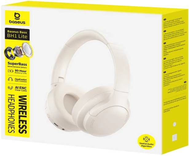 Baseus Belaidės Bluetooth 6.0 ausinės Bass BH1 Lite su mikrofonu, baltos