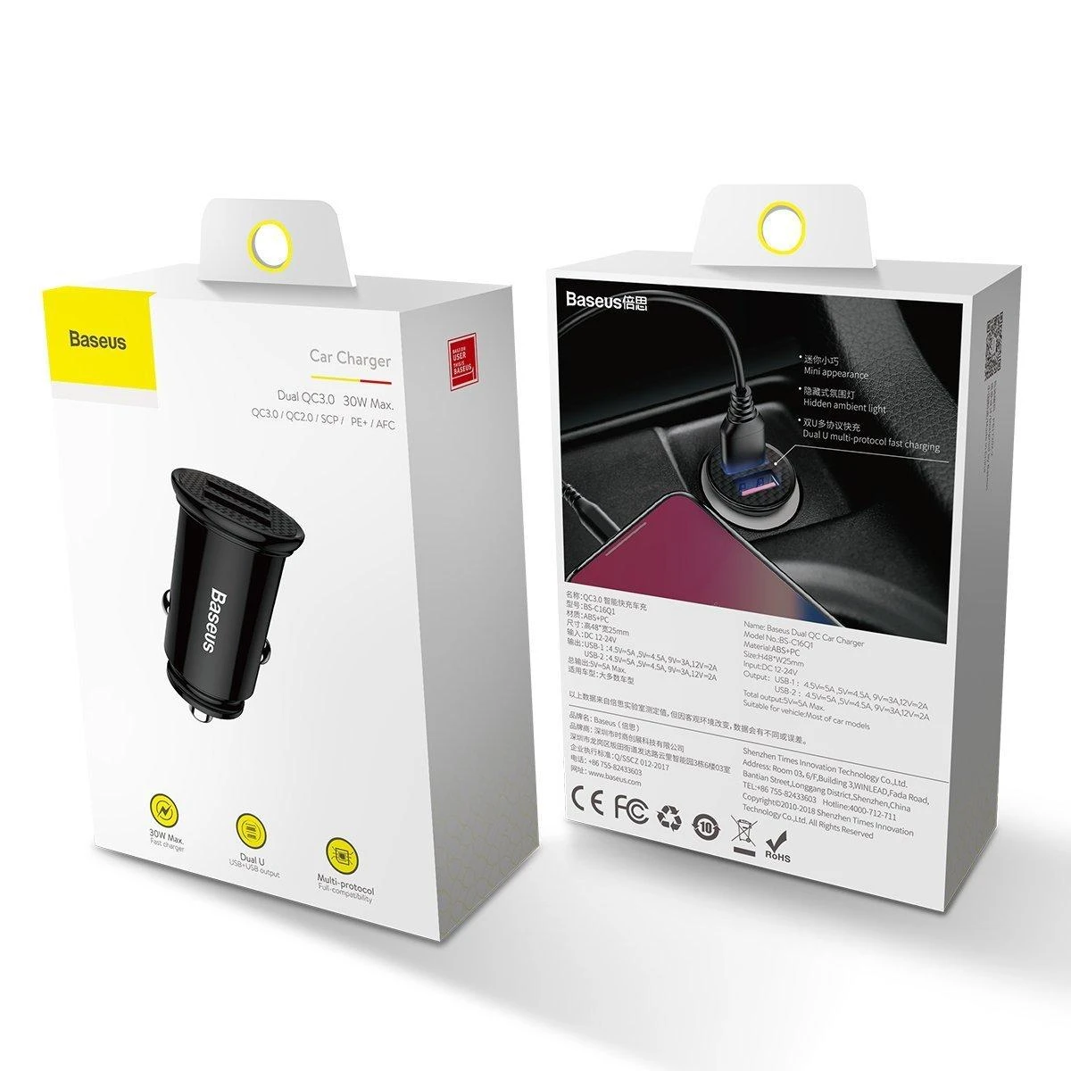 Baseus Circular automobilinis įkroviklis 2xUSB QC3.0 5A 30W - Juodas