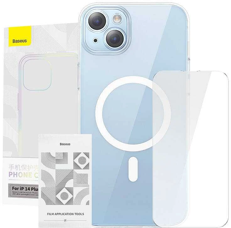 Baseus Crystal serijos magnetinis dėklas, skirtas iPhone 14 Plus + grūdintas stiklas
