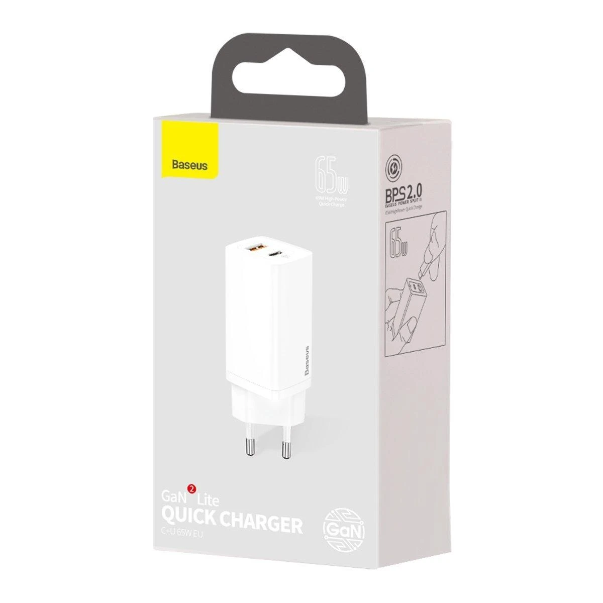 Baseus Sieninis įkroviklis GaN2 Lite 65W USB + USB-C QC4+ PD3.0 SCP FCP AFC, baltas