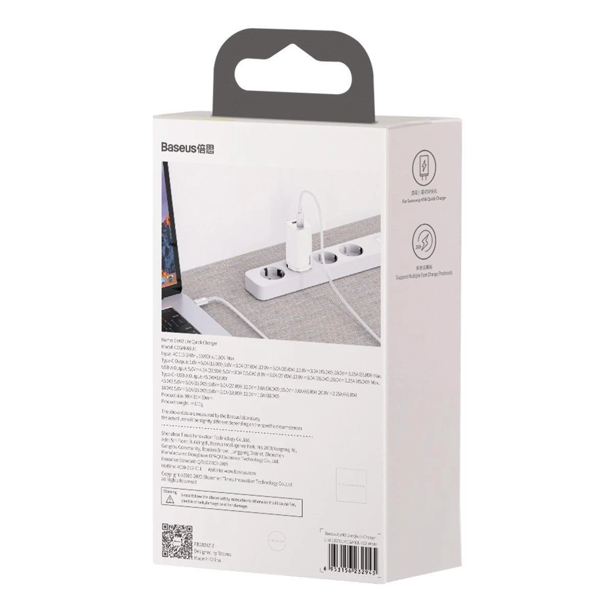 Baseus Sieninis įkroviklis GaN2 Lite 65W USB + USB-C QC4+ PD3.0 SCP FCP AFC, baltas