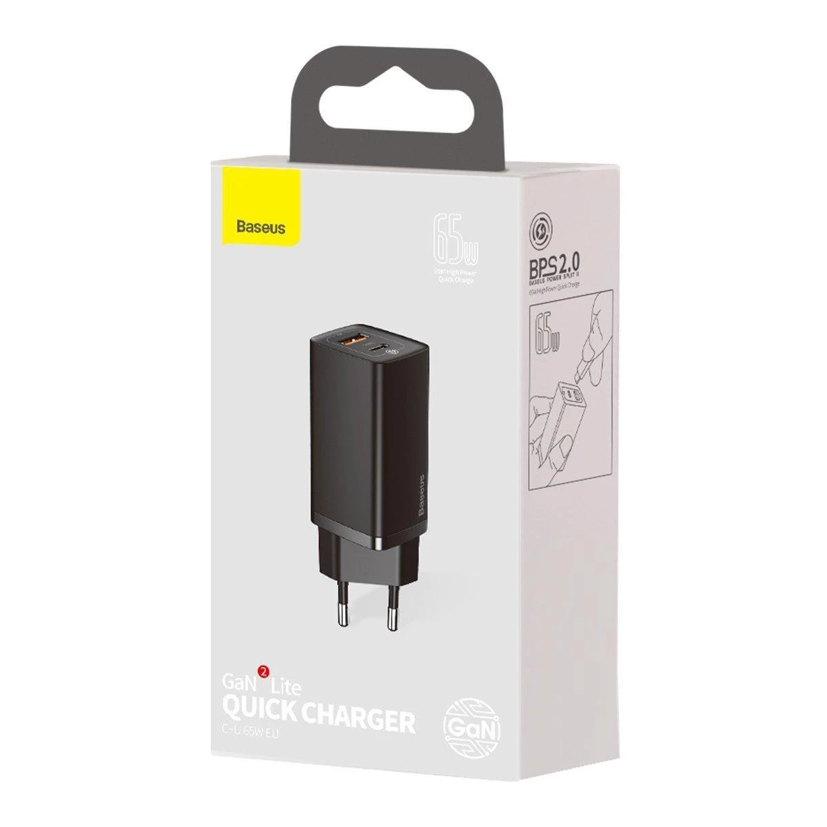 Baseus GaN2 Lite greitas kelioninis įkroviklis USB + C 65W EU - Juodas