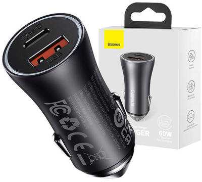 Automobilinis įkroviklis Baseus Golden Contactor Max USB + USB-C 60W - pilkas