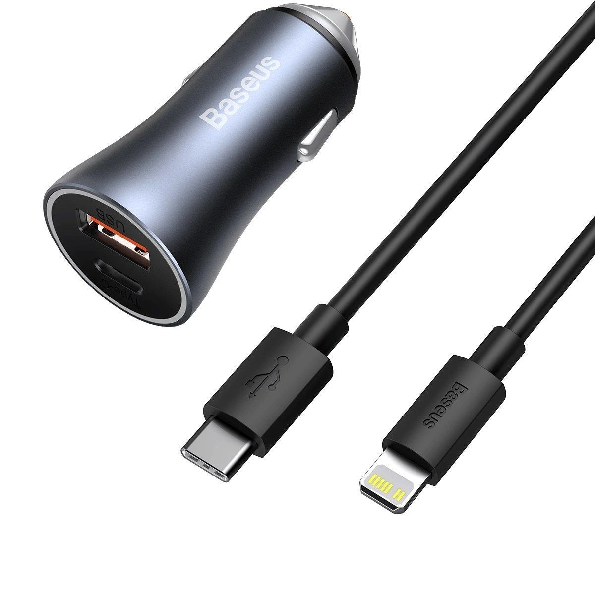 Baseus Golden Contactor Pro automobilinis įkroviklis USB + USB-C QC4.0 + PD SCP, 40W + USB-C kabelis skirtas iP 1m