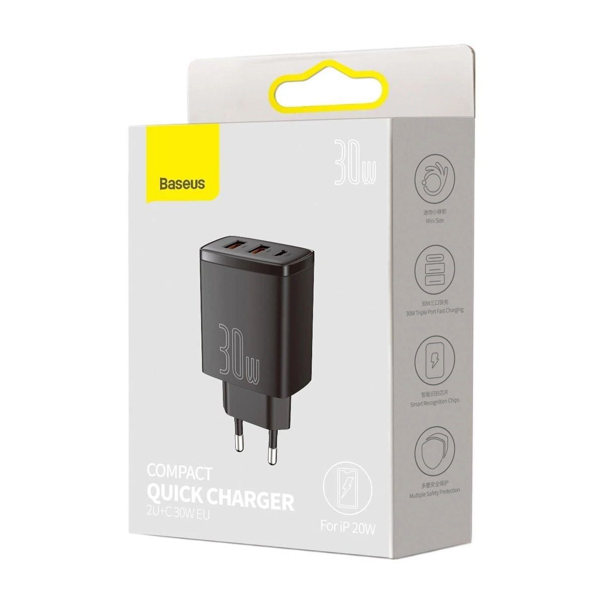 Baseus Sieninis įkroviklis 30W 2xUSB + USB-C QC3.0 PD3.0, juodas