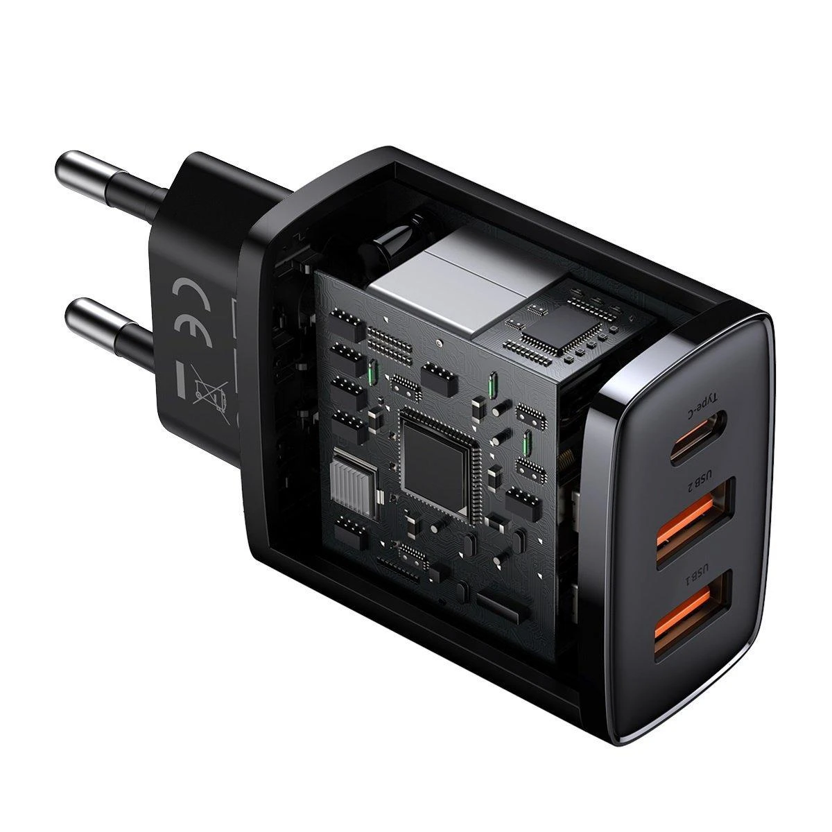 Baseus Sieninis įkroviklis 30W 2xUSB + USB-C QC3.0 PD3.0, juodas