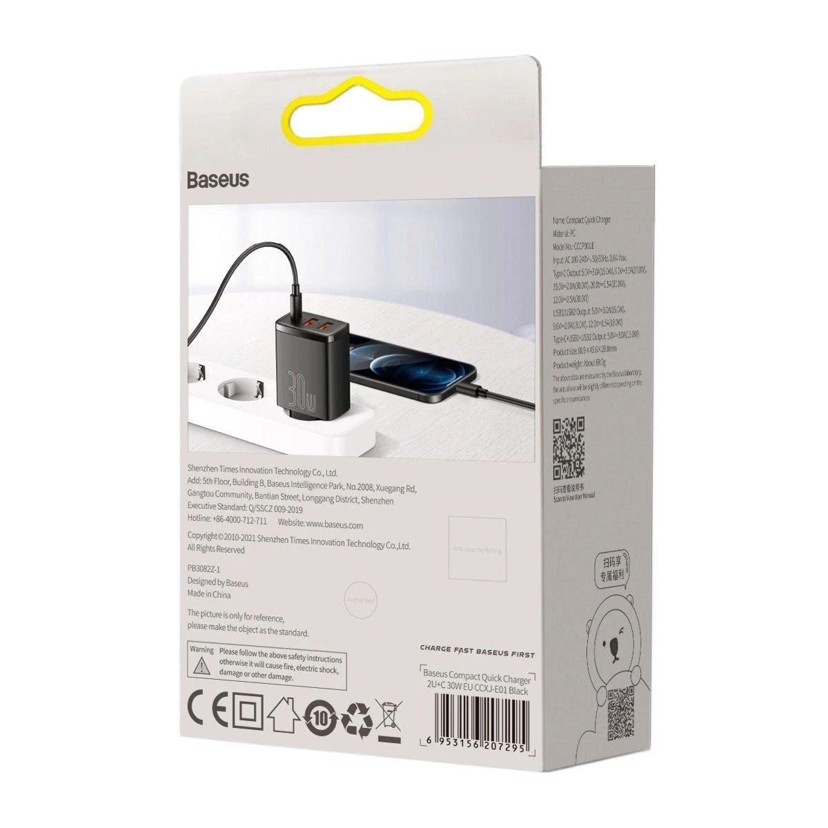 Baseus Sieninis įkroviklis 30W 2xUSB + USB-C QC3.0 PD3.0, juodas