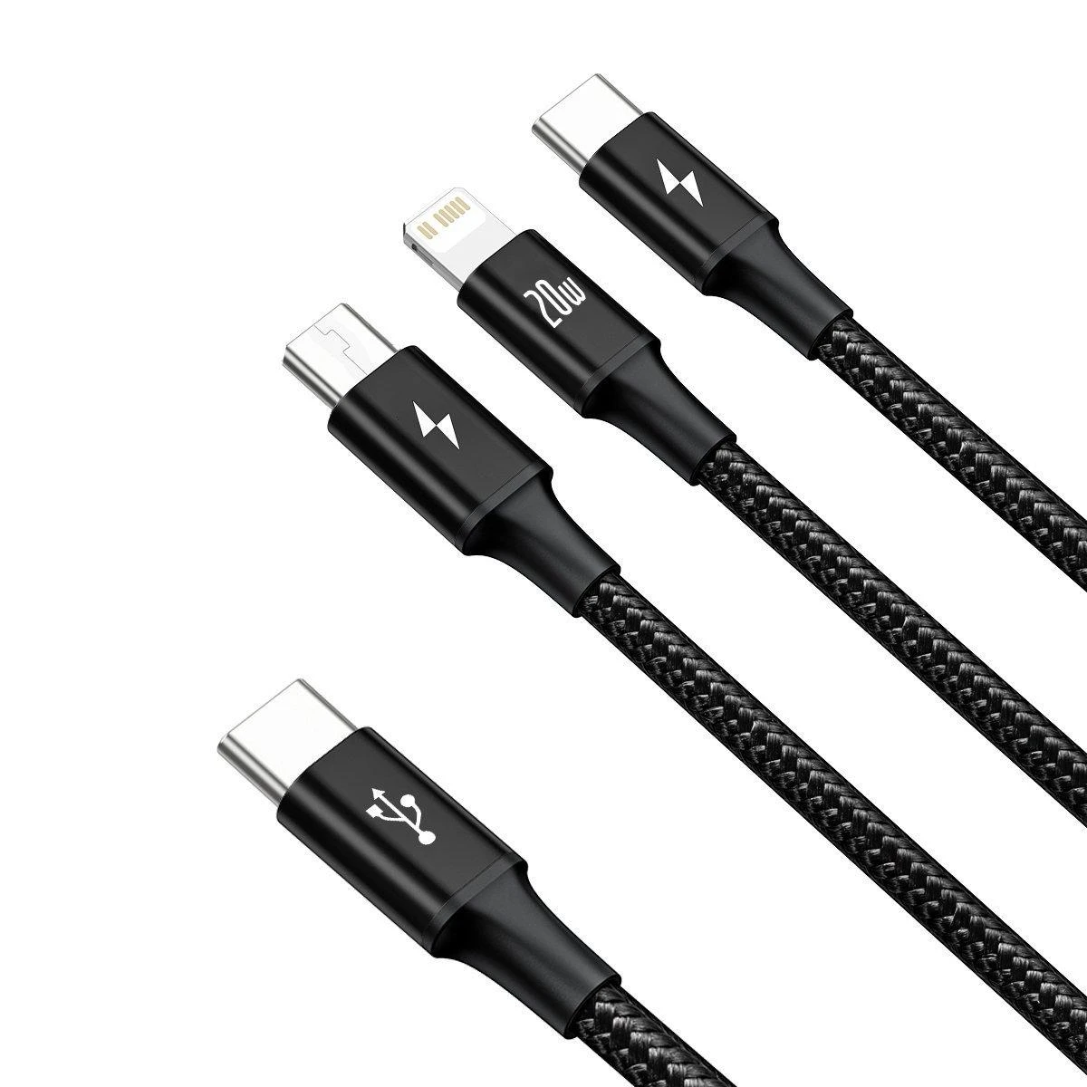Kabelis USB C - 3 kištukai (USB C (iki 15W), micro USB (iki 10W), lightning (iki 20W)) 1.5m juodas Rapid BASEUS