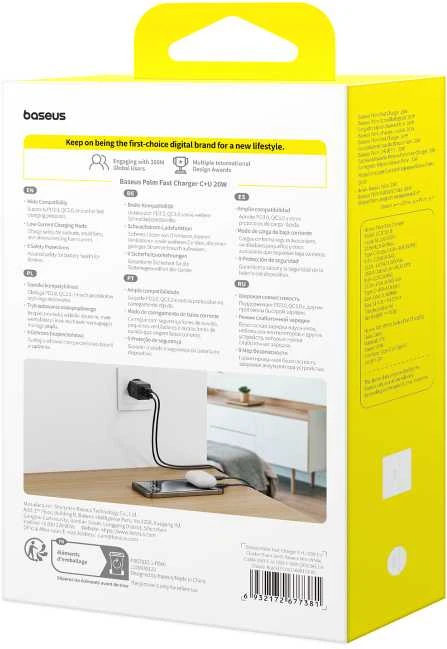 Baseus Sieninis įkroviklis Palm 20W USB + USB-C QC3.0 PD3.0 su USB-C kabeliu 1m, juodas