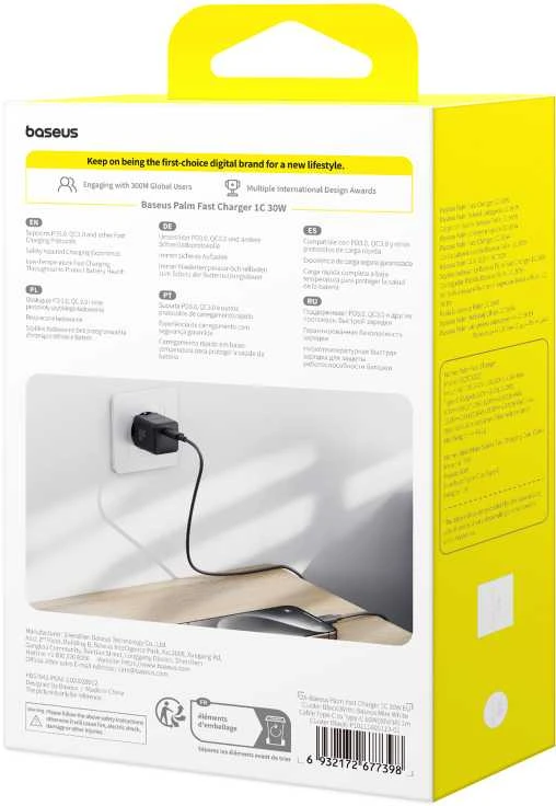 Baseus Sieninis įkroviklis Palm 30W USB-C QC3.0 PD3.0 su USB-C kabeliu 1m, juodas