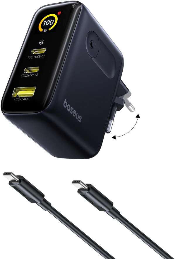 Baseus Sieninis įkroviklis PicoGo AE21 100W USB-A + 2xUSB-C QC PD su ekranu, juodas