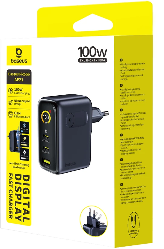 Baseus Sieninis įkroviklis PicoGo AE21 100W USB-A + 2xUSB-C QC PD su ekranu, juodas