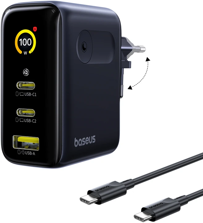 Baseus Sieninis įkroviklis PicoGo AE21 100W USB-A + 2xUSB-C QC PD su ekranu, juodas