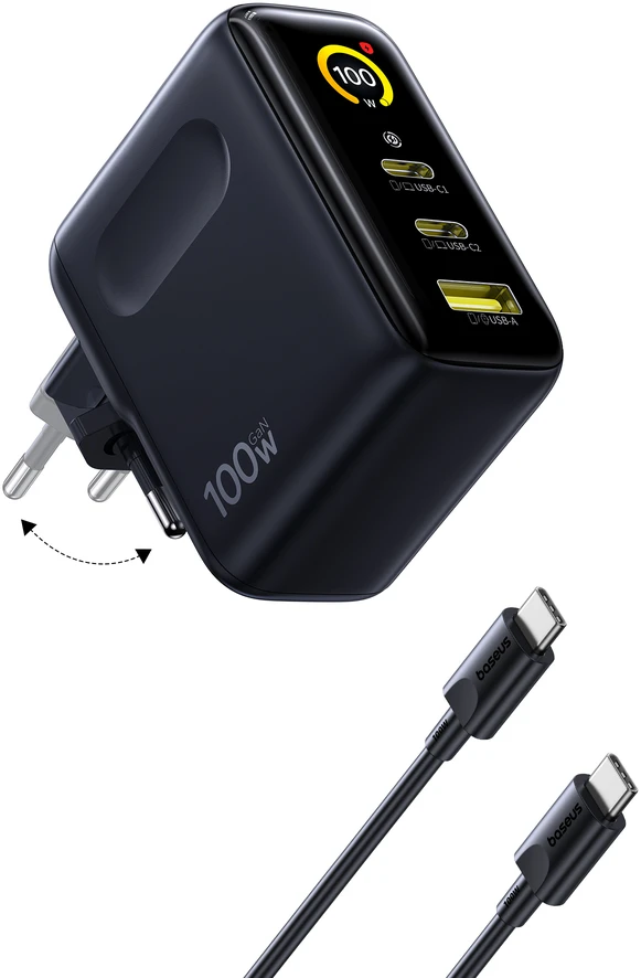 Baseus Sieninis įkroviklis PicoGo AE21 100W USB-A + 2xUSB-C QC PD su ekranu, juodas