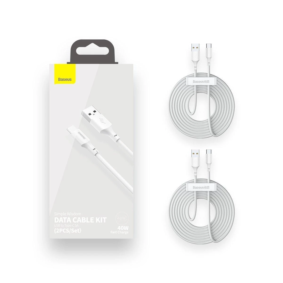 USB kabelių rinkinys Baseus Simple Wisdom Data Cable Kit USB to Type-C 5A (2PCS/Set) 1.5m baltas TZCATZJ-02