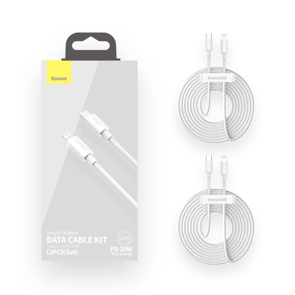 Baseus Simple Wisdom duomenų kabelio komplektas iš USB-C į Lightning PD 20W (2 Vnt), 1.5 m baltos spalvos