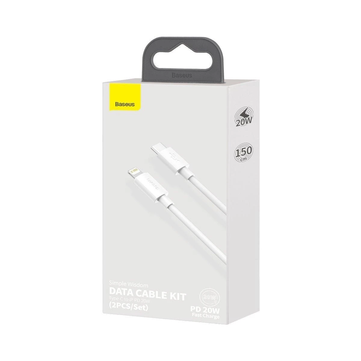 Baseus Simple Wisdom duomenų kabelio komplektas iš USB-C į Lightning PD 20W (2 Vnt), 1.5 m baltos spalvos