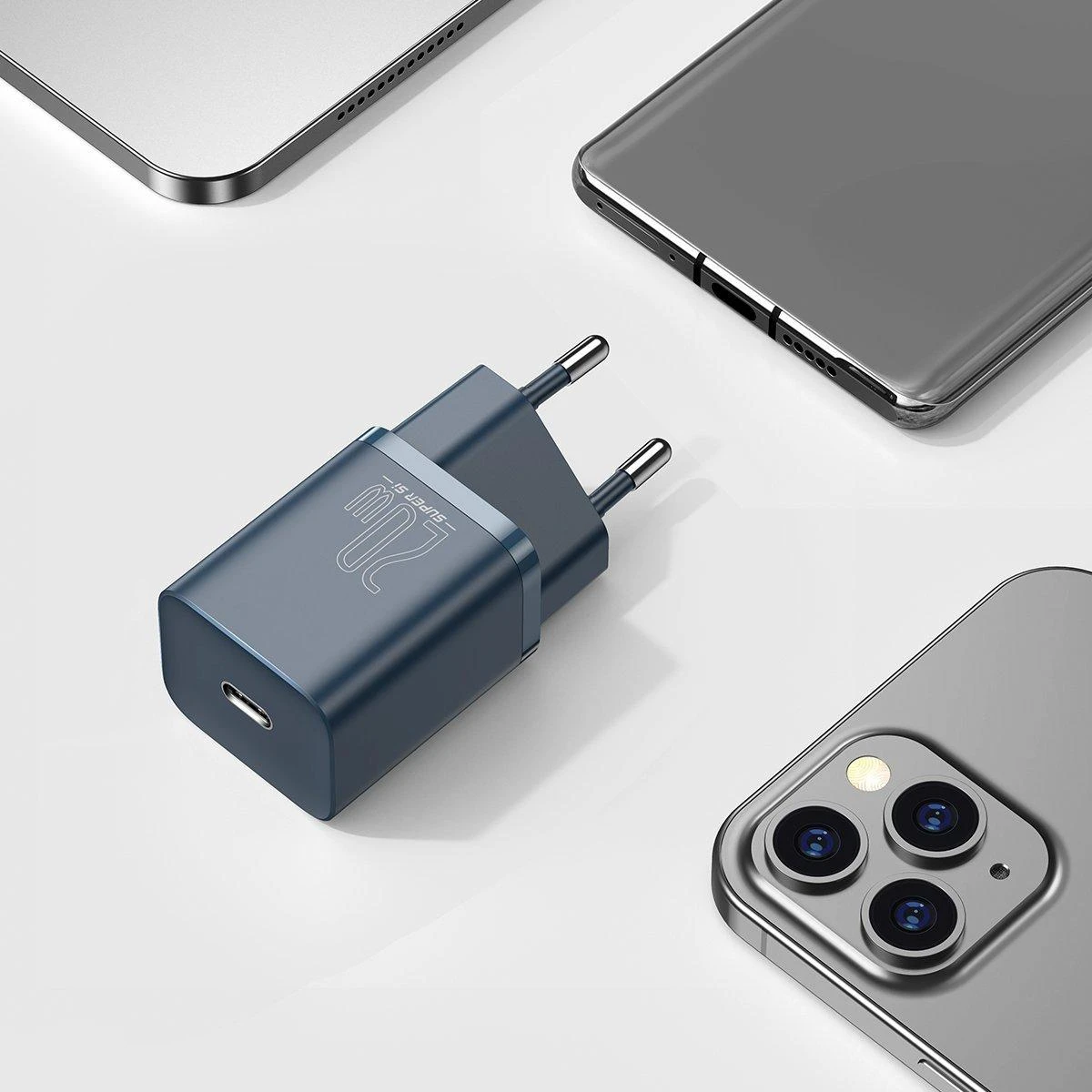 Baseus Super Si 1C 20W greitas sieninis įkroviklis su 1m USB-C - Lightning kabeliu - Mėlynas