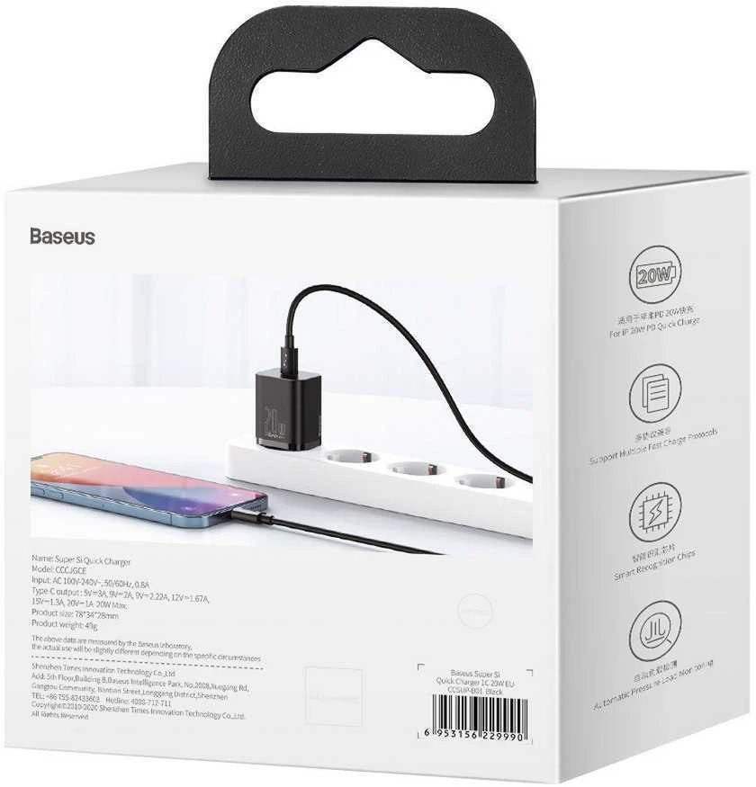 Baseus Sieninis įkroviklis Super Si 20W USB-C QC3.0 PD, juodas