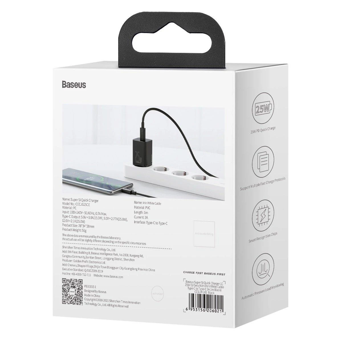 Baseus Super Si greitas įkroviklis 1C 25W su USB-C - USB-C kabelis 1m - Juodas