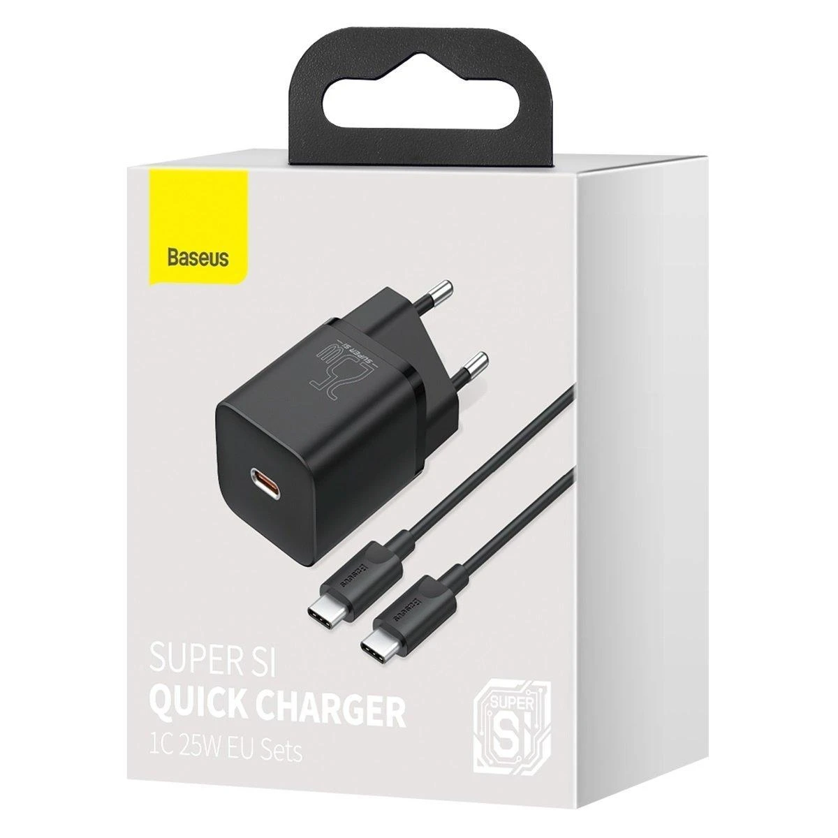 Baseus Super Si greitas įkroviklis 1C 25W su USB-C - USB-C kabelis 1m - Juodas
