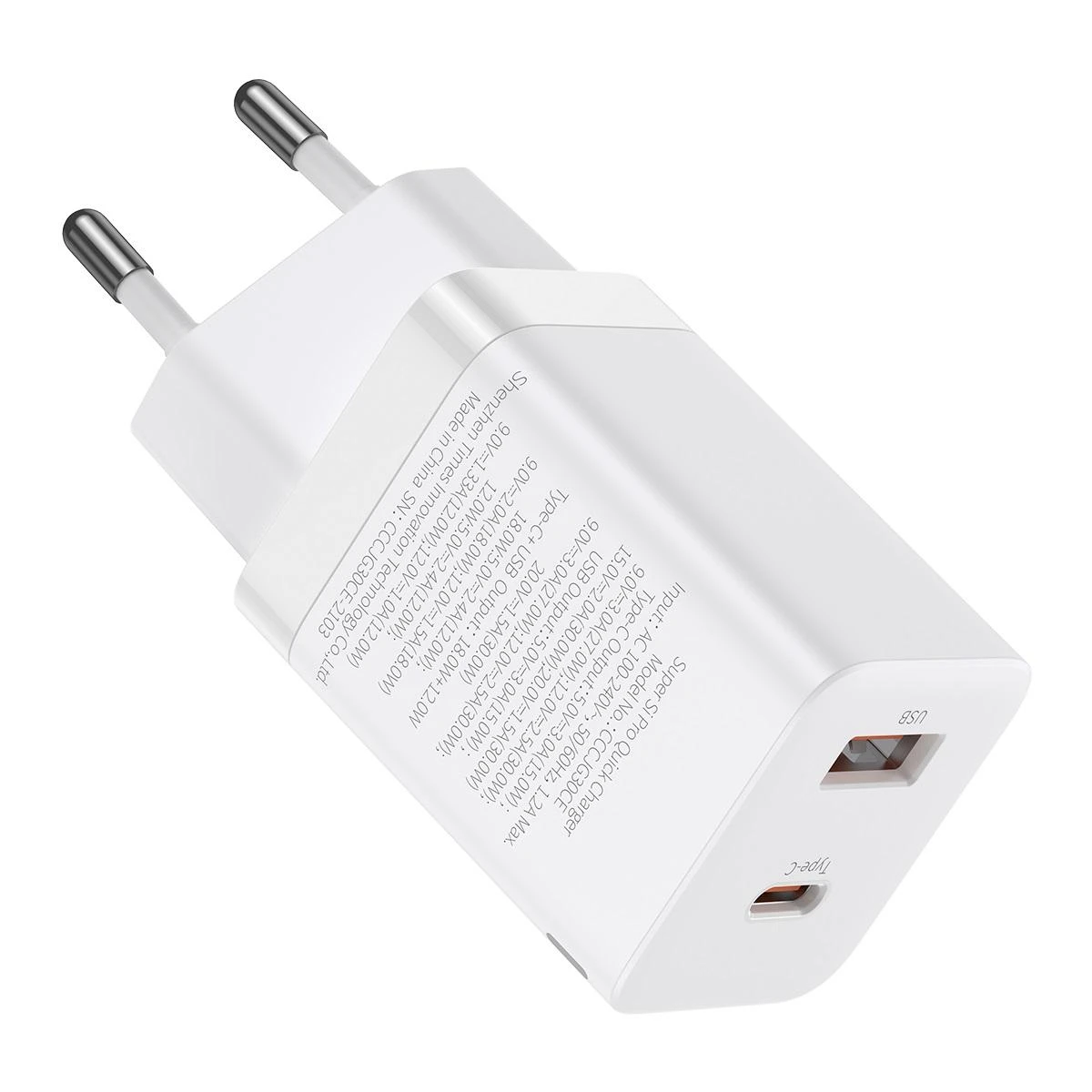 Baseus Super Si Pro įkroviklis USB + USB-C 30W - Baltas