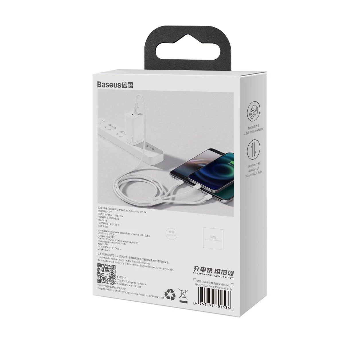 Kabelis Baseus Superior iš USB į microUSB+Lightning+Type-C 3.5A 1.5m baltas CAMLTYS-02