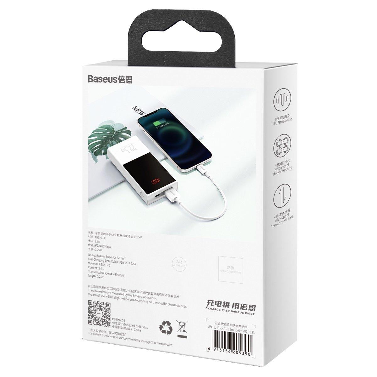 USB kabelis Baseus Superior iš USB į Lightning 2.4A 0.25m baltas CALYS-02