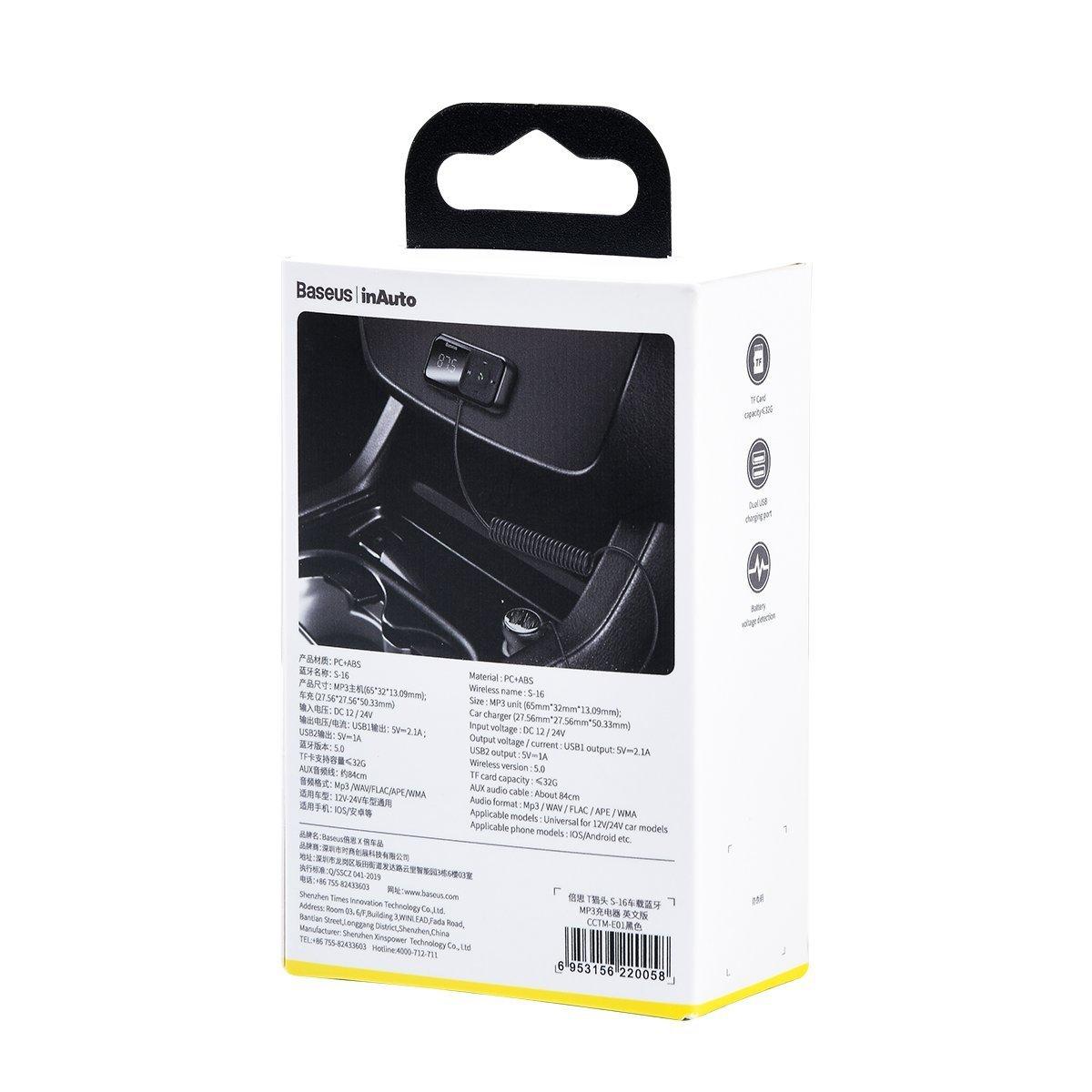 Transmiteris Baseus T-Typed S-16 Bluetooth MP3 grotuvas/FM bangų moduliatorius (laisvų rankų įranga,Micro SD,LCD,2xUSB Quick Charge 2.1A įkroviklis) juodas CCTM-D01