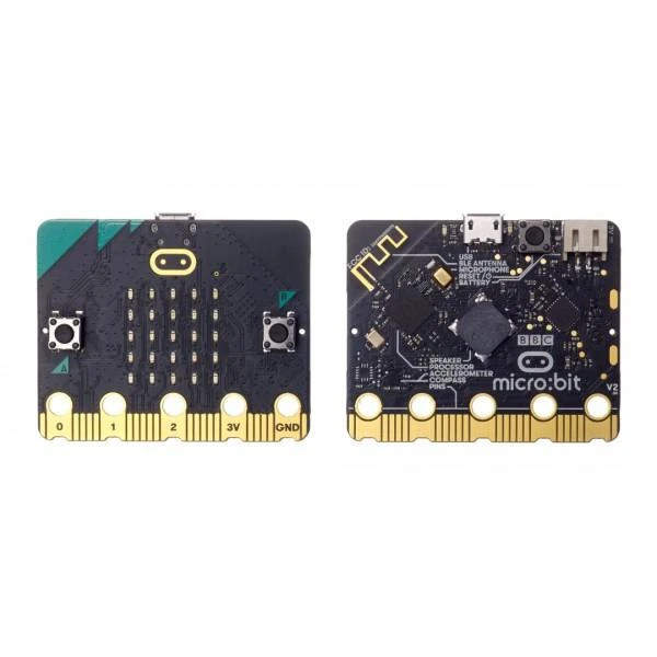 micro:bit 2.2 programuojamos plokštės priekinė ir galinė pusės