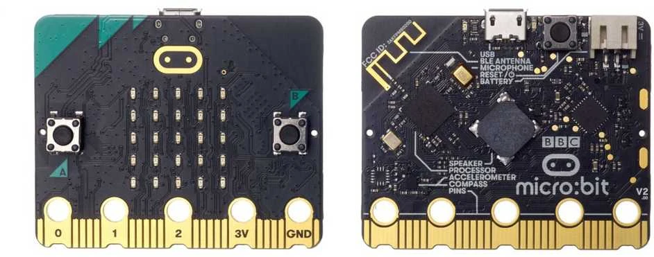 BBC micro:bit 2: priekinė ir galinė pusė