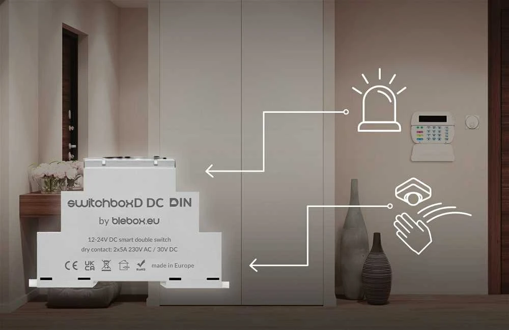 BleBox SwitchBoxD DC DIN - 2 kanalų relė 230V AC 30V DC WiFi - Android / iOS programa