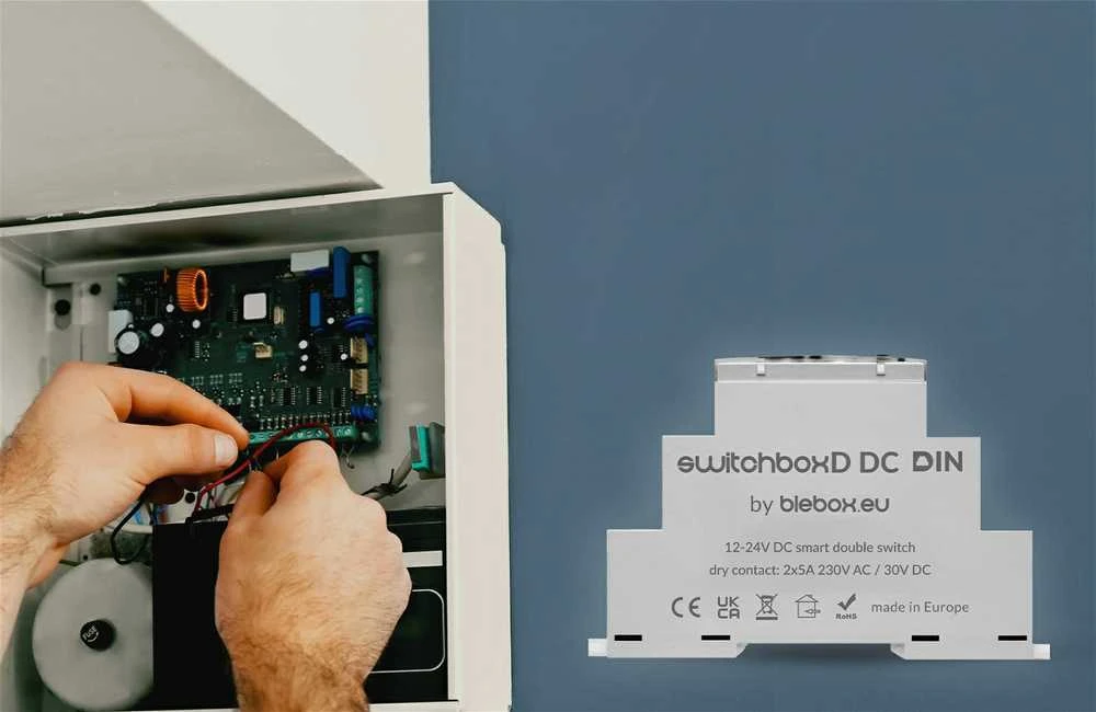 BleBox SwitchBoxD DC DIN - 2 kanalų relė 230V AC 30V DC WiFi - Android / iOS programa
