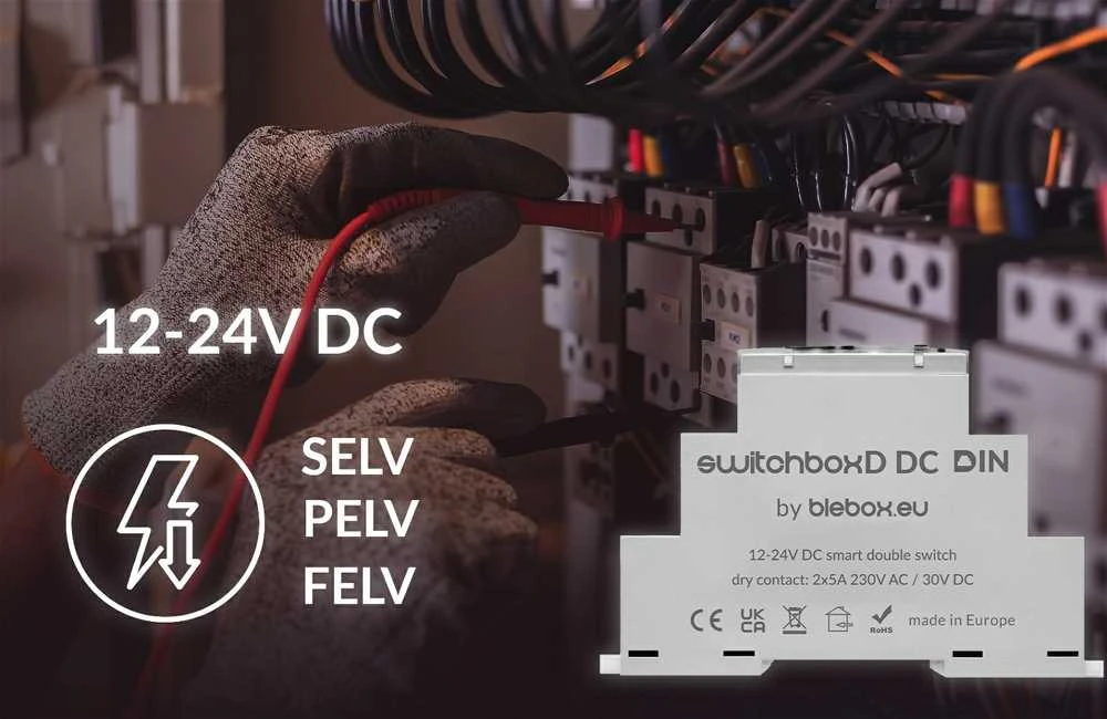 BleBox SwitchBoxD DC DIN - 2 kanalų relė 230V AC 30V DC WiFi - Android / iOS programa