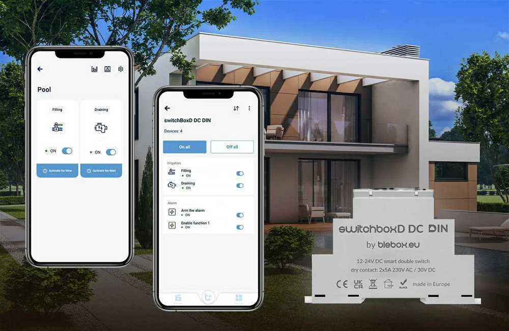 BleBox SwitchBoxD DC DIN - 2 kanalų relė 230V AC 30V DC WiFi - Android / iOS programa