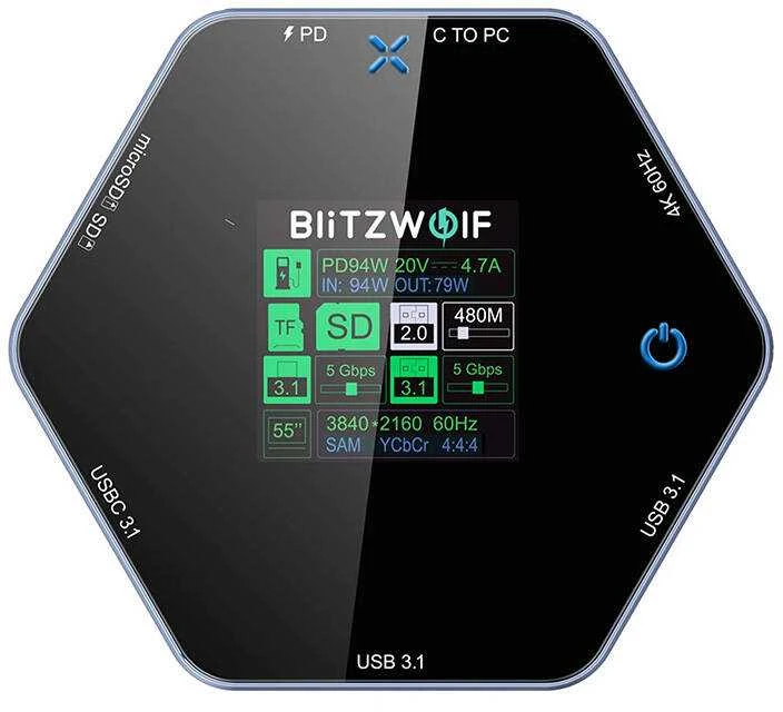 Blitzwolf 8in1 prijungimo stotelė BW-TH16 USB 100W LCD Smart Ekranas