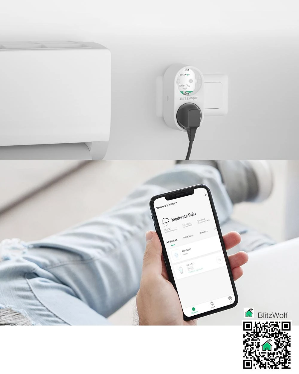BlitzWolf išmanusis prietaisas su dviem lizdais ir energijos vartojimo matavimo funkcija WIFI 3680W