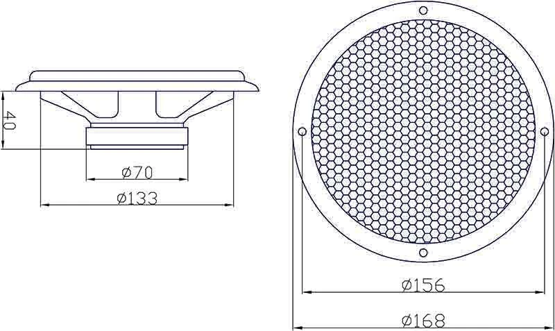 Garsiakalbio WH-1606 techninis brėžinys su matmenimis