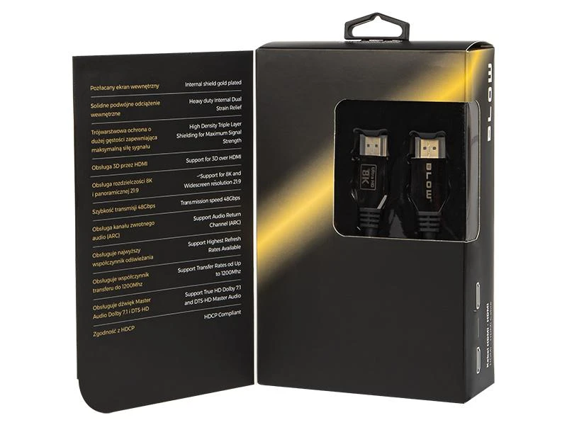 Blow HDMI 8K kabelis pakuotėje su specifikacijomis