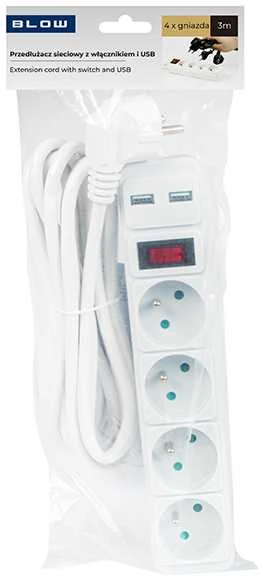 Blow PR-470WSP/USB 4 lizdų maitinimo prailgintuvas + USB su įžeminimu + jungikliu 3 m, baltas, 3x1.5 mm