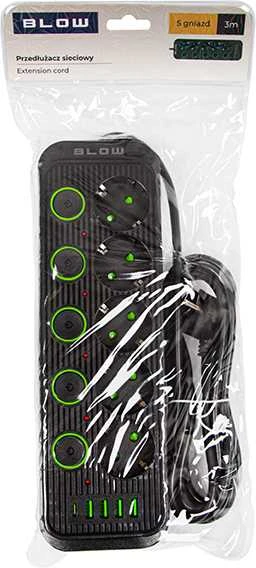 Blow PS-530S 5 lizdų tinklo ilgintuvas 4xUSB 1xUSB-C 3m juodas 2x1mm