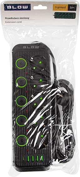 Blow PS-550S 5 lizdų tinklo ilgintuvas 4xUSB 1xUSB-C 5m juodas 2x1mm