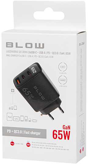 Blow Sieninis įkroviklis USB lizdas + USB-Cx2 PD 65W GAN juodas