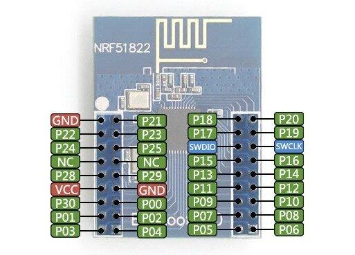 NRF51822 modulis su kontaktų sujungimo schema