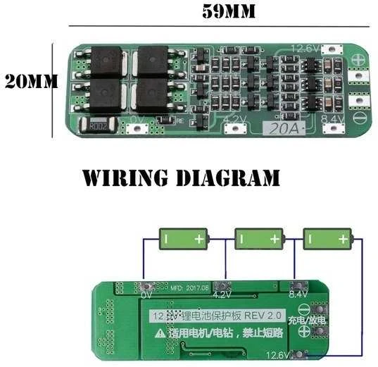 12V 20A BMS modulis su matmenų schema