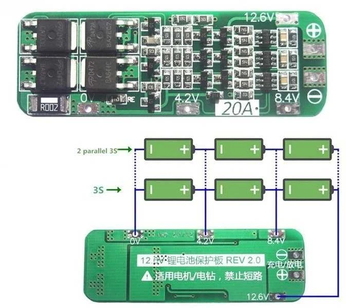 Oem BMS PCM PCB modulis ličio jonų elementų įkrovimui ir apsaugai - 3S - 12V - 20A - skirtas 18650 elementų