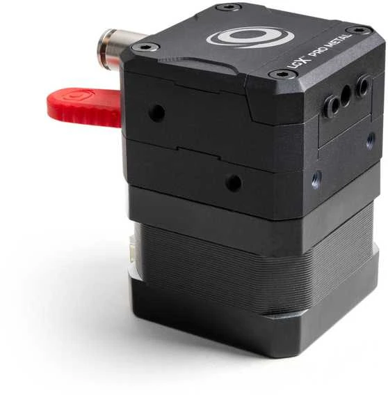 Bondtech LGX Pro Metal ekstruderis su raudona svirtele