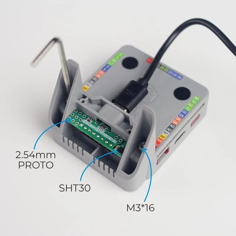 M5Stack stovima bazė su SHT30 jutikliu ir montavimo priedais